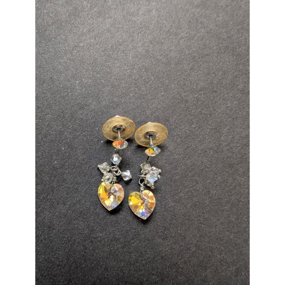 Vintage Iridescent Heart Crystal Dangle Earrings With Clear Stud Backings - Picture 1 of 4